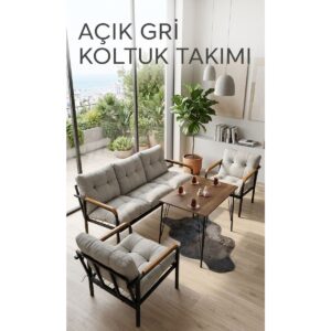 Açıkgri Metal Bahçe Balkon Oturma Grubu Loft Tarzı 3-1-1 Koltuk ve Masa Seti Dayanıklı Yapı